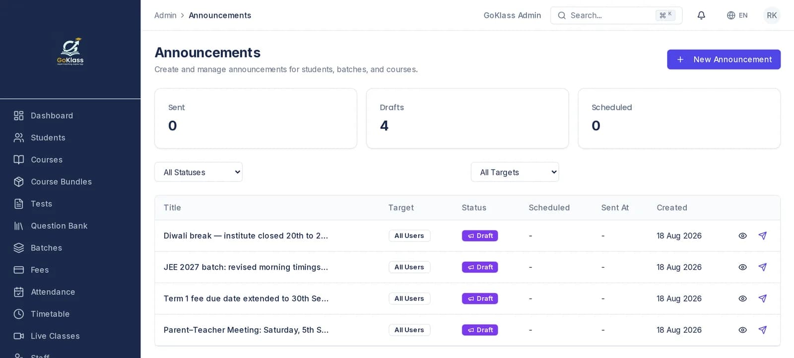 GoKlass announcements screen listing institute notices targeted at all users, ready to send over WhatsApp, push and email