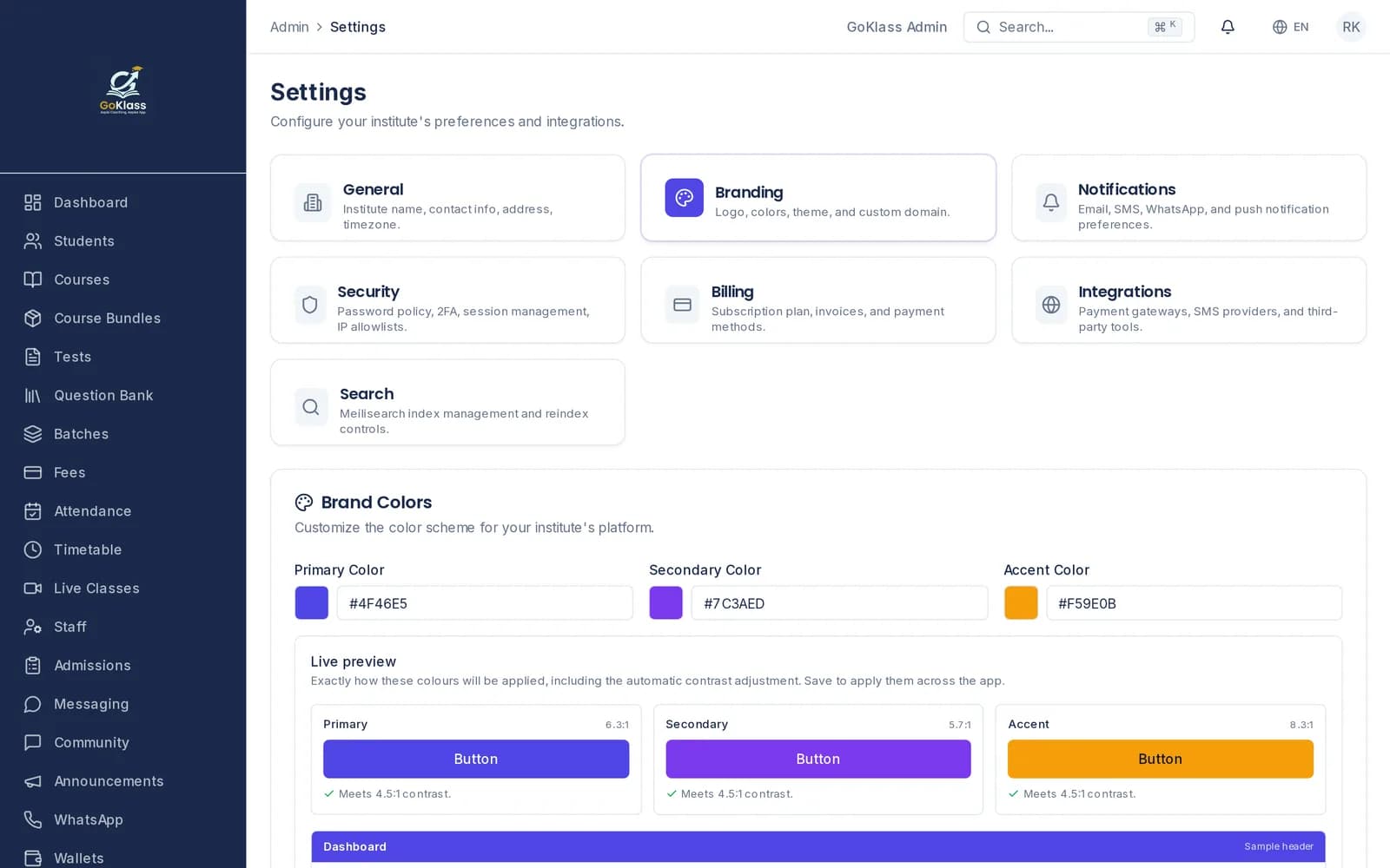 GoKlass branding settings where an institute sets its primary, secondary and accent brand colours with a live contrast-checked preview