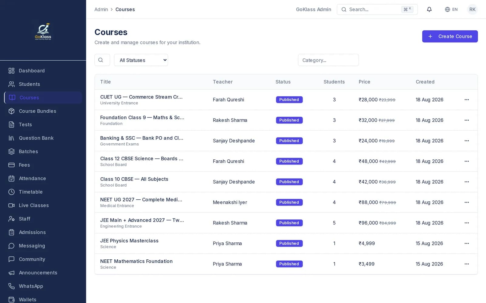 GoKlass course manager listing published JEE, NEET, CBSE, CUET and banking courses with their assigned teacher, enrolled student count and price