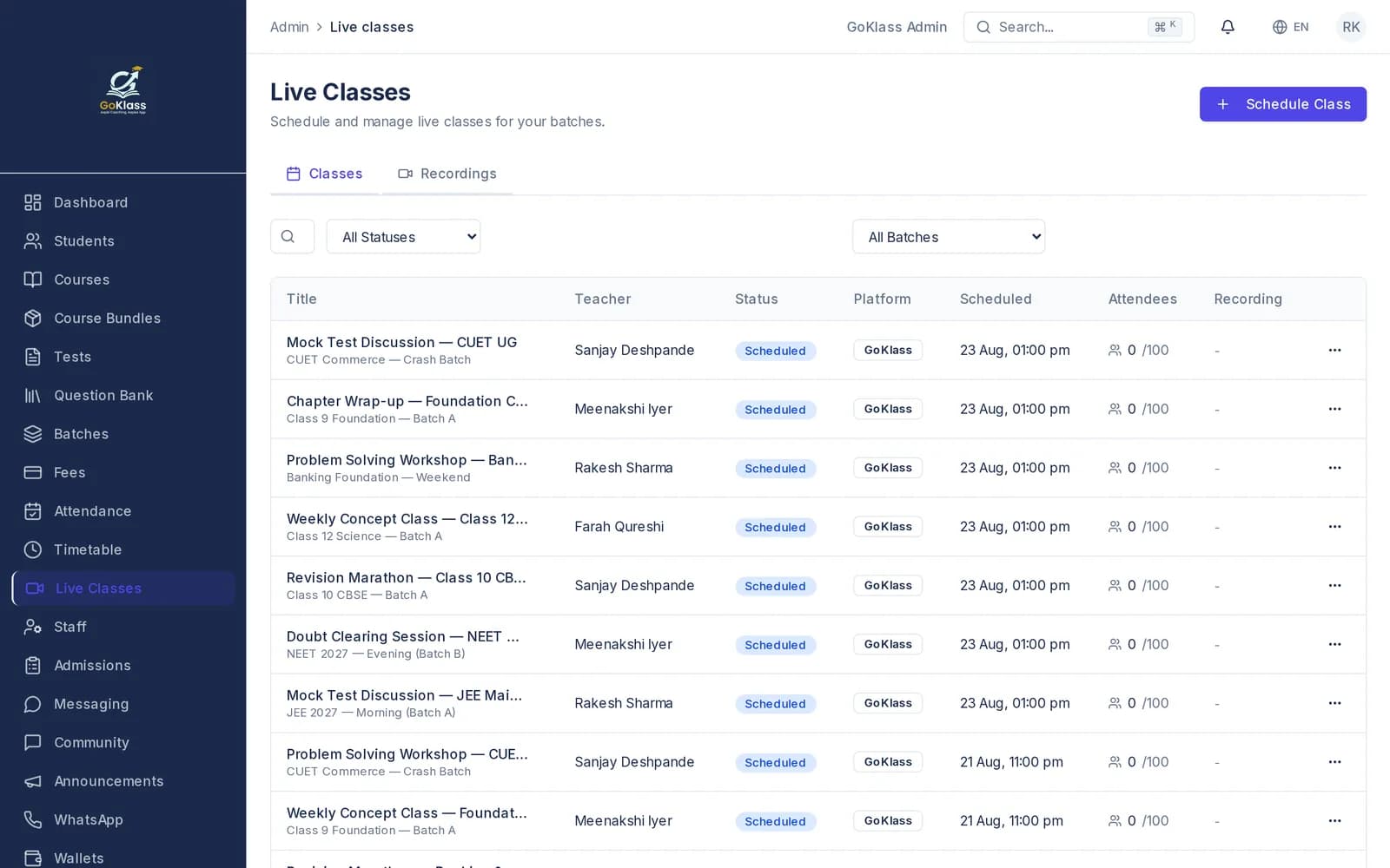 GoKlass live class scheduler showing upcoming sessions per batch with teacher, status, scheduled time and attendee capacity