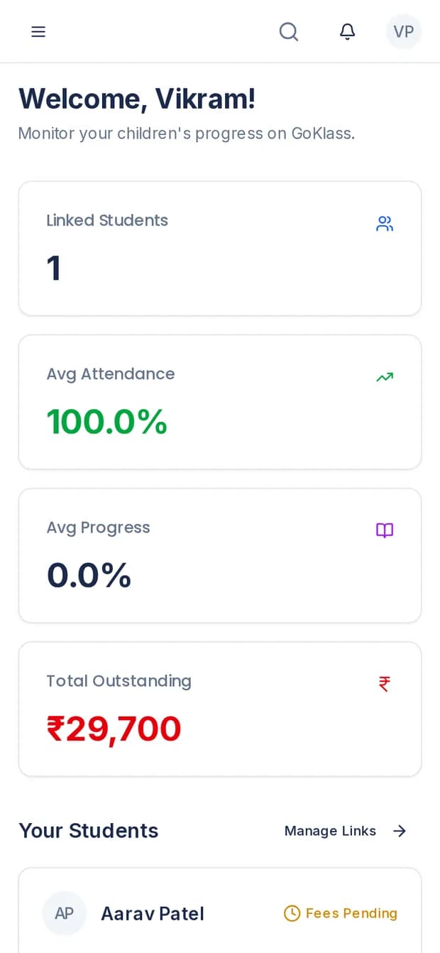 GoKlass parent app on a phone showing linked students, average attendance, progress and total outstanding fees