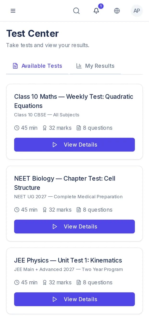 GoKlass student app test centre on a phone listing available tests with duration, marks and question count