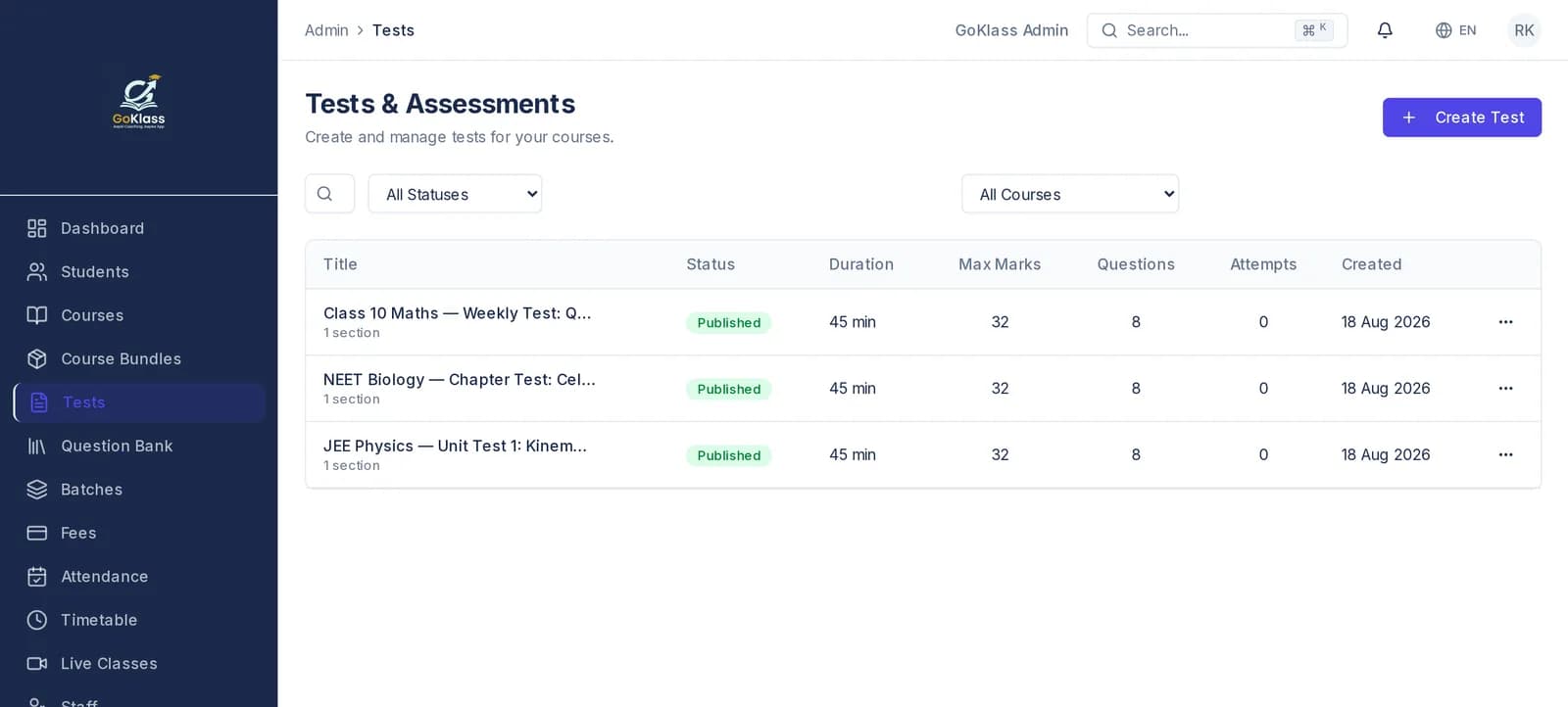GoKlass test manager listing published weekly and chapter tests with duration, maximum marks, question count and attempts