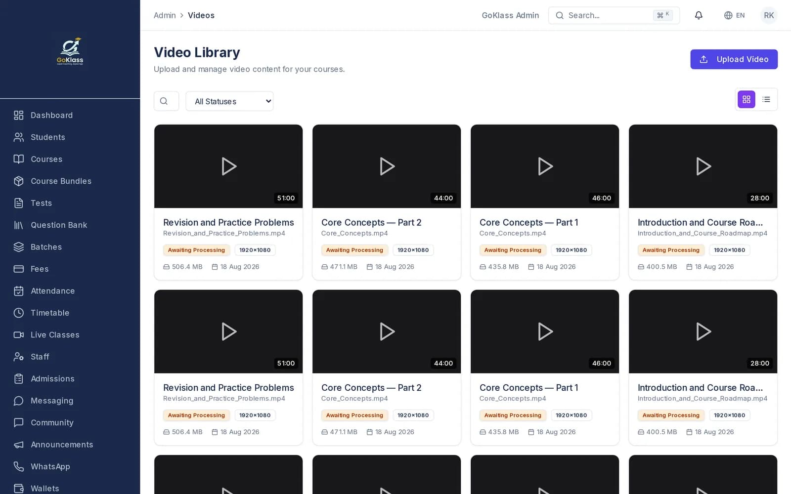 GoKlass video library showing uploaded lecture recordings as a grid with duration, resolution and file size